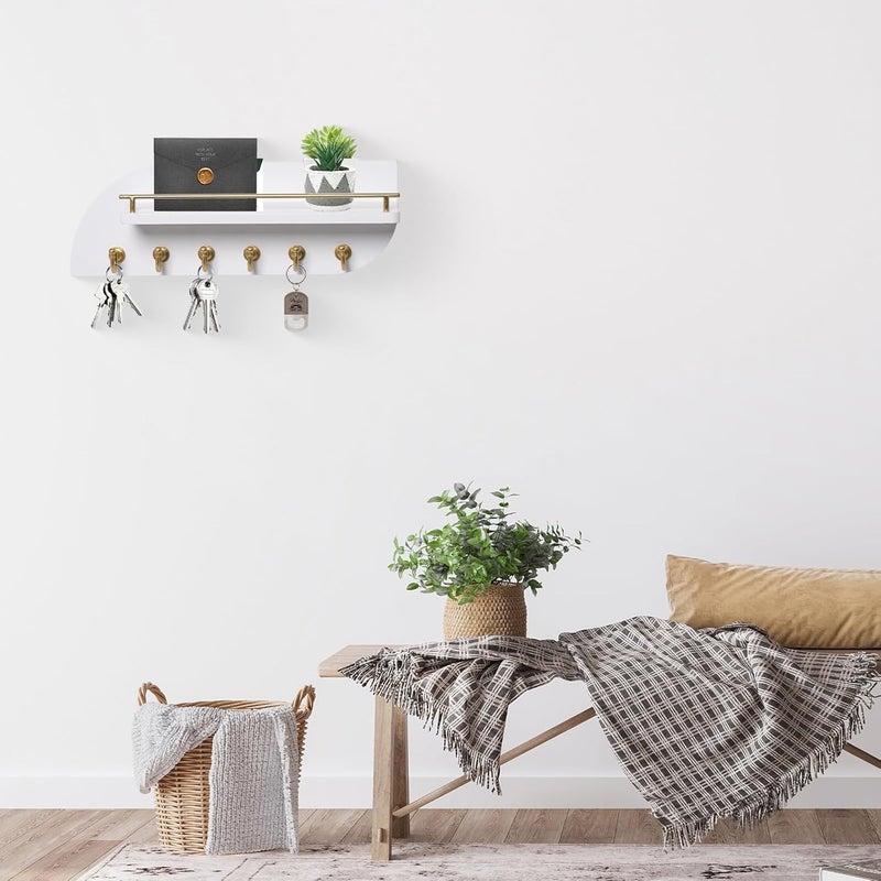 Karisky Key Holder for Wall, Decorative Key and Mail Organizer with 6 Sturdy Metal Hooks and Floating Shelf, 14 Inches Wood Wall Mounted Key Rack for Entryway, White and Gold - Image 2